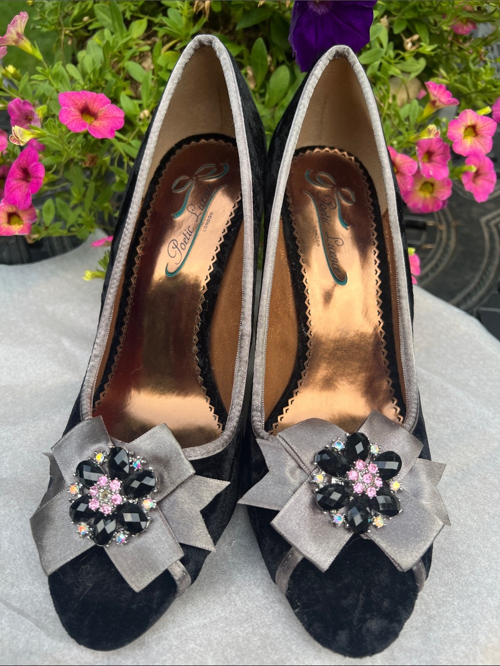 New poetic license Black Velvet Embellished Women's vintage inspired heels